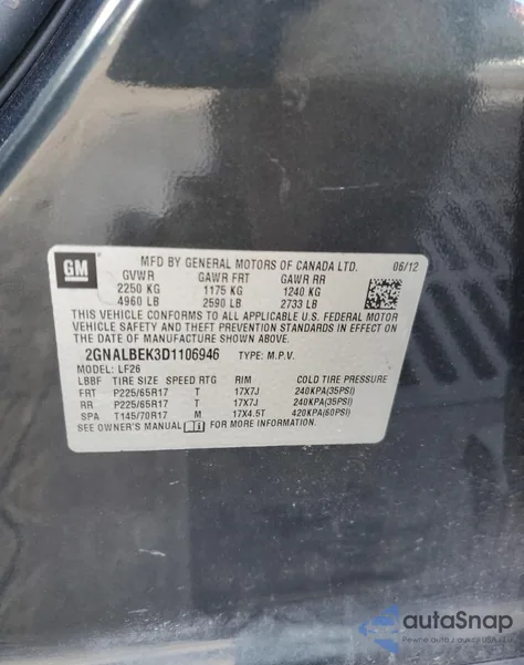 2013 Chevrolet Equinox из США, поврежденный, VIN 2GNALBEK3D1106946